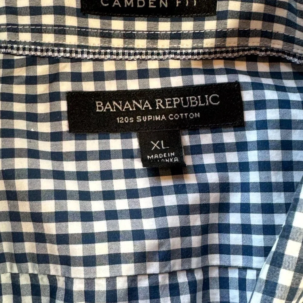 Banana Republic Camden Fit mens' navy gingham button front shirt size XL